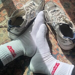 Worn woman’s white gym crew socks